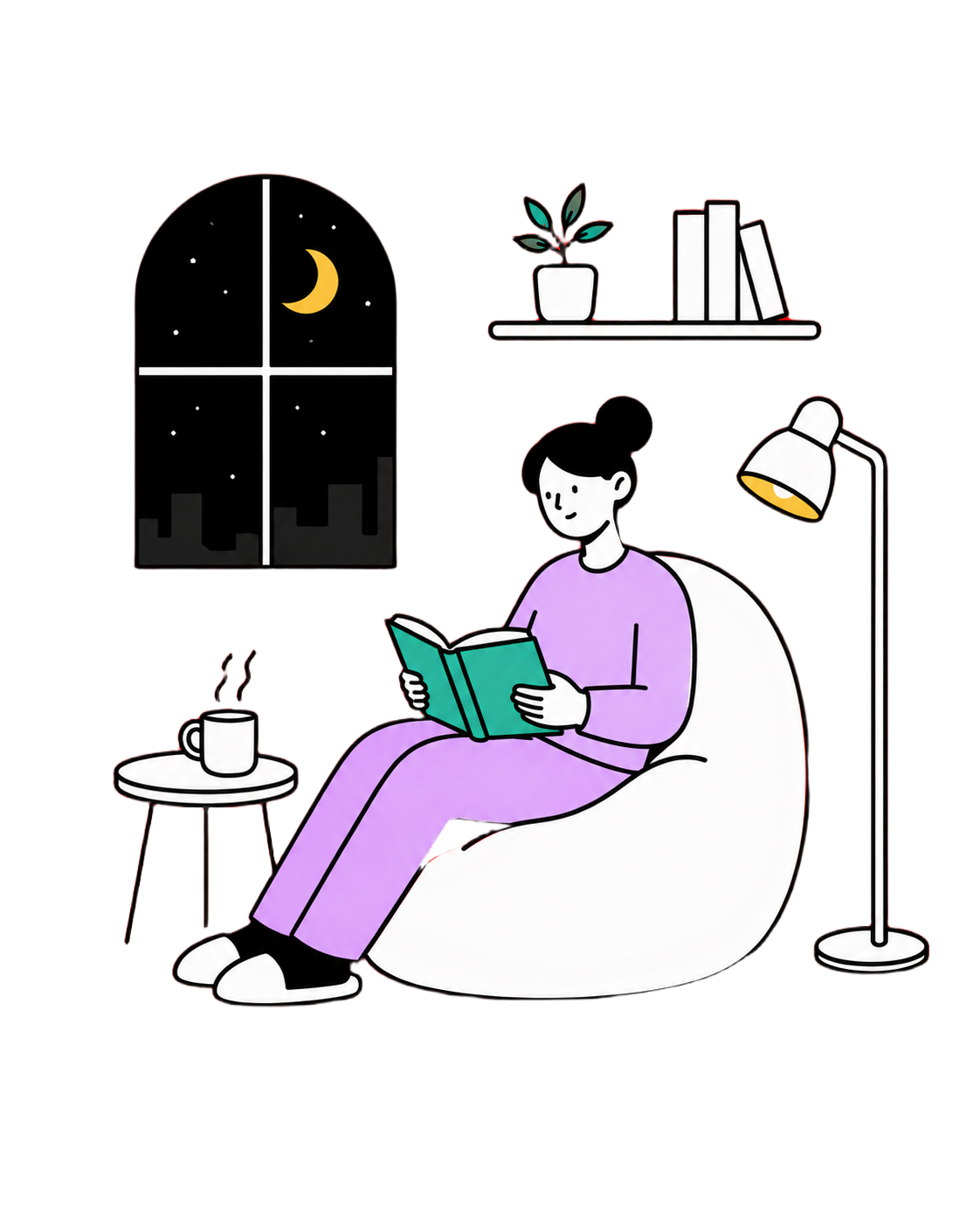 夜の窓辺で、穏やかに読書する